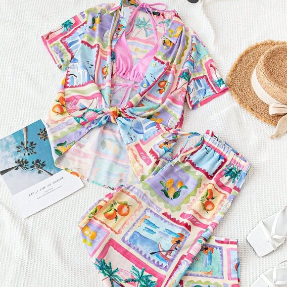 Multicolor Boho Women's Tropical Print Shirt & Pants Set - Picture 1 of 6